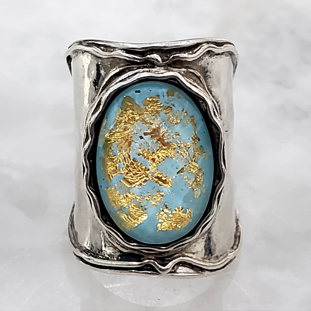 Didae 925 Sterling Silver Turquoise & Faceted Quartz Gold Leaf Ring